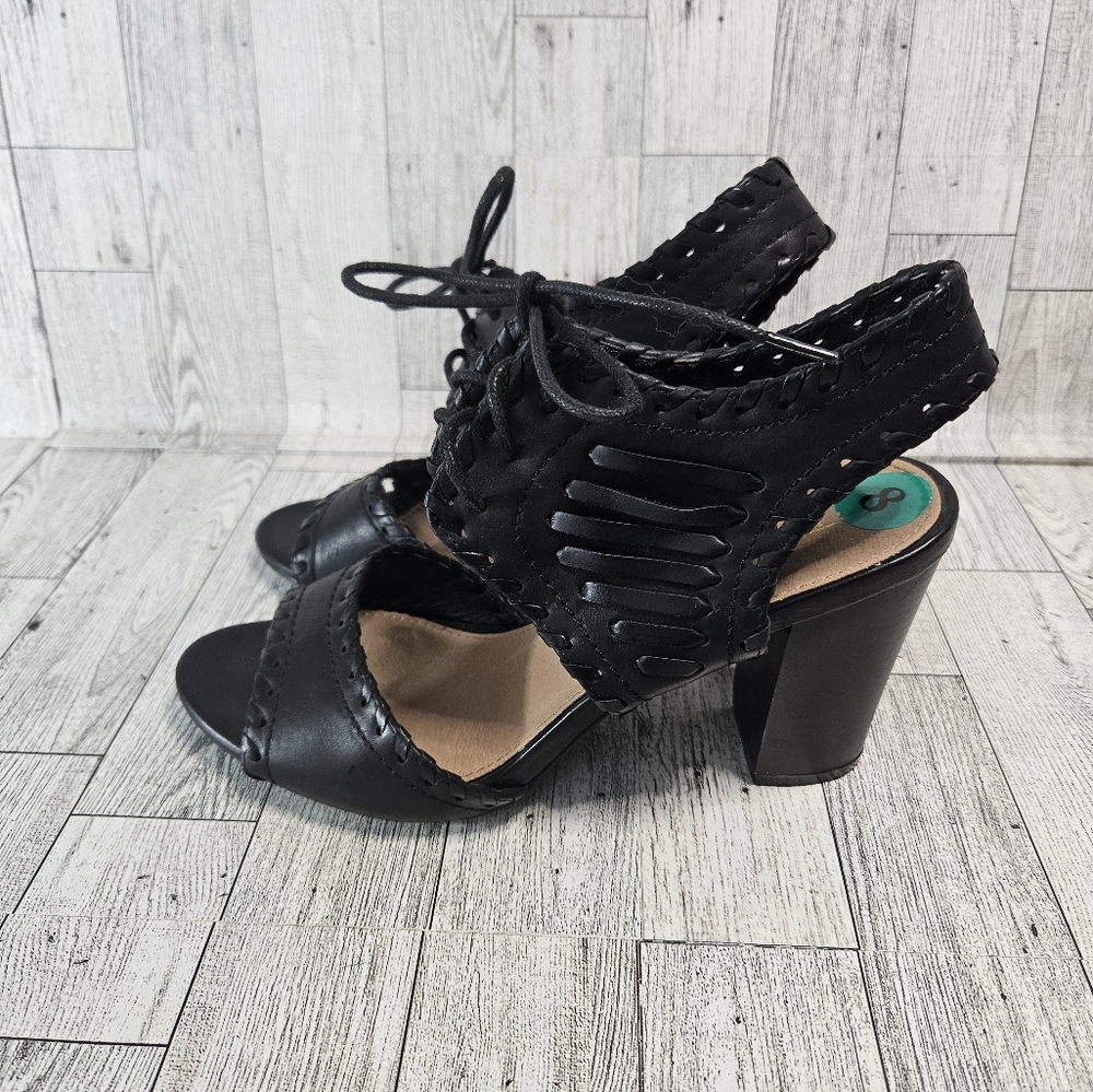 Restricted Women’s 8 Black Faux Leather Woven Sling Heels Peep Toe Boho